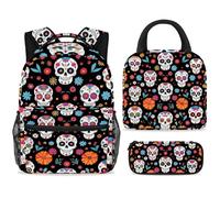 ewndhtse Set di zaino per la scuola con borsa per il pranzo e astuccio, set da 3 pezzi, zaino da viaggio, zaino casual per adolescenti, ragazze, ragazzi, primaria, junior, medio, teschi di zucchero