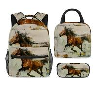 ewndhtse Set di zaino per la scuola con borsa per il pranzo e astuccio, set da 3 pezzi, zaino da viaggio, zaino casual per adolescenti, ragazze, ragazzi, primaria, junior, medio, un cavallo dipinto
