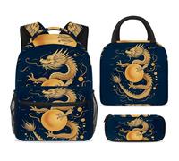 ewndhtse Set di zaino per la scuola con borsa per il pranzo e astuccio, set da 3 pezzi, zaino da viaggio, zaino casual per adolescenti, ragazze, ragazzi, primaria, junior, medio, drago dorato e palla