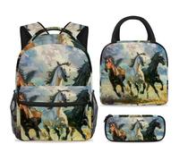 ewndhtse Set di zaino per la scuola con borsa per il pranzo e astuccio, set da 3 pezzi, zaino da viaggio, zaino casual per adolescenti, ragazze, ragazzi, primaria, junior, media, tre cavalli che