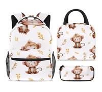 ewndhtse Set di zaino per la scuola con borsa per il pranzo e astuccio, set da 3 pezzi, zaino da viaggio, zaino casual per adolescenti, ragazze, ragazzi, primaria, junior, media, con scimmietta carina