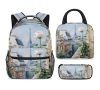 ewndhtse Set di zaino per la scuola con borsa per il pranzo e astuccio, set da 3 pezzi, zaino da viaggio, zaino casual per adolescenti, ragazze, ragazzi, primaria, junior, medio, paesaggio urbano di