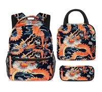 ewndhtse Set di zaino per la scuola con borsa per il pranzo e astuccio, set da 3 pezzi, zaino da viaggio, zaino casual per adolescenti, ragazze, ragazzi, primaria, junior, medio, rosso, drago cinese