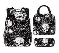 ewndhtse Set di zaino per la scuola con borsa per il pranzo e astuccio, set da 3 pezzi, zaino da viaggio, zaino casual per adolescenti, ragazze, ragazzi, primaria, junior, medio, teschi su ragnatela