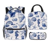 ewndhtse Set di zaino per la scuola con borsa per il pranzo e astuccio, set da 3 pezzi, zaino da viaggio, zaino casual per adolescenti, ragazze, ragazzi, primaria, junior, medio, cavalluccio marino