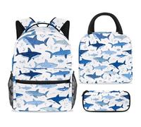 ewndhtse Set di zaino per la scuola con borsa per il pranzo e astuccio, set da 3 pezzi, zaino da viaggio, zaino casual per adolescenti, ragazze, ragazzi, primaria, junior, media, motivo squali