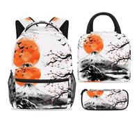 ewndhtse Set di zaino per la scuola con borsa per il pranzo e astuccio, set da 3 pezzi, zaino da viaggio, zaino casual per adolescenti, ragazze, ragazzi, primaria, junior, medio, tramonto con uccelli