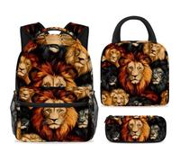 ewndhtse Set di zaino per la scuola con borsa per il pranzo e astuccio, set da 3 pezzi, zaino da viaggio, zaino casual per adolescenti, ragazze, ragazzi, primaria, junior, media, senza cuciture, leoni