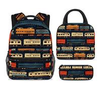 ewndhtse Set di zaino per la scuola con borsa per il pranzo e astuccio, set da 3 pezzi, zaino da viaggio, zaino casual per adolescenti, ragazze, ragazzi, primaria, junior, media, fila di treni su