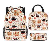 ewndhtse Set di zaino per la scuola con borsa per il pranzo e astuccio, set da 3 pezzi, zaino da viaggio, zaino casual per adolescenti, ragazze, ragazzi, primaria, junior, medio, gatti della fortuna