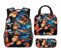 ewndhtse Set di zaino per la scuola con borsa per il pranzo e astuccio, set da 3 pezzi, zaino da viaggio, zaino casual per adolescenti, ragazze, ragazzi, primaria, junior, medio, farfalle volanti