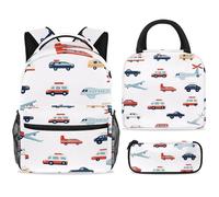 ewndhtse Set di zaino per la scuola con borsa per il pranzo e astuccio, set da 3 pezzi, zaino da viaggio, zaino casual per adolescenti, ragazze, ragazzi, primaria, junior, mezzo, auto, autobus