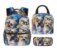 ewndhtse Set di zaino per la scuola con borsa per il pranzo e astuccio, set da 3 pezzi, zaino da viaggio, zaino casual per adolescenti, ragazze, ragazzi, primaria, junior, medio, acquerello tre Shih