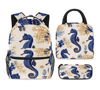 ewndhtse Set di zaino per la scuola con borsa per il pranzo e astuccio, set da 3 pezzi, zaino da viaggio, zaino casual per adolescenti, ragazze, ragazzi, primaria, junior, medio, cavalluccio marino e