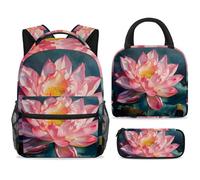 ewndhtse Set di zaino per la scuola con borsa per il pranzo e astuccio, set da 3 pezzi, zaino da viaggio, zaino casual per adolescenti, ragazze, ragazzi, primaria, junior, mezza estate, fiore di loto