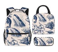 ewndhtse Set di zaino per la scuola con borsa per il pranzo e astuccio, set da 3 pezzi, zaino da viaggio, zaino casual per adolescenti, ragazze, ragazzi, primaria, junior, medio, balena gigante, polpo