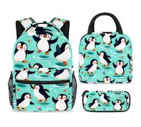 ewndhtse Set di zaino per la scuola con borsa per il pranzo e astuccio, set da 3 pezzi, zaino da viaggio, zaino casual per adolescenti, ragazze, ragazzi, primaria, junior, media, con pinguini, meduse