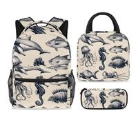 ewndhtse Set di zaino per la scuola con borsa per il pranzo e astuccio, set da 3 pezzi, zaino da viaggio, zaino casual per adolescenti, ragazze, ragazzi, primaria, junior, medio, cavalluccio marino