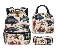 ewndhtse Set di zaino per la scuola con borsa per il pranzo e astuccio, set da 3 pezzi, zaino da viaggio, zaino casual per adolescenti, ragazze, ragazzi, primaria, junior, media, marina, pesci, meduse