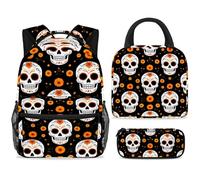 ewndhtse Set di zaino per la scuola con borsa per il pranzo e astuccio, set da 3 pezzi, zaino da viaggio, zaino casual per adolescenti, ragazze, ragazzi, primaria, junior, medio, teschi di zucchero e
