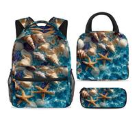 ewndhtse Set di zaino per la scuola con borsa per il pranzo e astuccio, set da 3 pezzi, zaino da viaggio, zaino casual per adolescenti, ragazze, ragazzi, primaria, junior, medio, oceano, conchiglie di