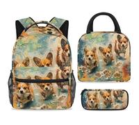 ewndhtse Set di zaino per la scuola con borsa per il pranzo e astuccio, set da 3 pezzi, zaino da viaggio, zaino casual per adolescenti, ragazze, ragazzi, primaria, junior, media, tre corgi che giocano
