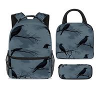 ewndhtse Set di zaino per la scuola con borsa per il pranzo e astuccio, set da 3 pezzi, zaino da viaggio, zaino casual per adolescenti, ragazze, ragazzi, primaria, junior, medio, corvo in piedi sui