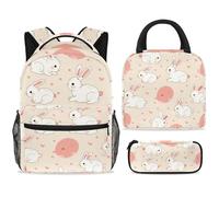 ewndhtse Set di zaino per la scuola con borsa per il pranzo e astuccio, set da 3 pezzi, zaino da viaggio, zaino casual per adolescenti, ragazze, ragazzi, primaria, junior, medio, coniglietto rosa a