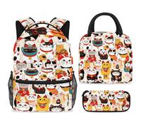 ewndhtse Set di zaino per la scuola con borsa per il pranzo e astuccio, set da 3 pezzi, zaino da viaggio, zaino casual per adolescenti, ragazze, ragazzi, primaria, junior, medio, gatti fortunati