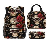 ewndhtse Set di zaino per la scuola con borsa per il pranzo e astuccio, set da 3 pezzi, zaino da viaggio, zaino casual per adolescenti, ragazze, ragazzi, primaria, junior, mezzo, teschio del giorno