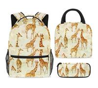 ewndhtse Set di zaino per la scuola con borsa per il pranzo e astuccio, set da 3 pezzi, zaino da viaggio, zaino casual per adolescenti, ragazze, ragazzi, primaria, junior, media, giraffa e polpaccio