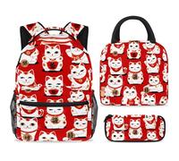 ewndhtse Set di zaino per la scuola con borsa per il pranzo e astuccio, set da 3 pezzi, zaino da viaggio, zaino casual per adolescenti, ragazze, ragazzi, primaria, junior, media, gatti della fortuna