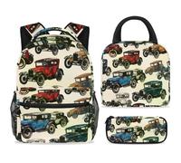 ewndhtse Set di zaino per la scuola con borsa per il pranzo e astuccio, set da 3 pezzi, zaino da viaggio, zaino casual per adolescenti, ragazze, ragazzi, primarie, medie, vecchie auto retrò