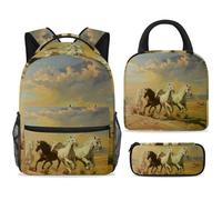 ewndhtse Set di zaino per la scuola con borsa per il pranzo e astuccio, set da 3 pezzi, zaino da viaggio, zaino casual per adolescenti, ragazze, ragazzi, primaria, junior, medio, cavalli al galoppo
