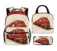ewndhtse Set di zaino per la scuola con borsa per il pranzo e astuccio, set da 3 pezzi, zaino da viaggio, zaino casual per adolescenti, ragazze, ragazzi, primaria, junior, media, rosso, retrò, vagone