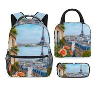 ewndhtse Set di zaino per la scuola con borsa per il pranzo e astuccio, set da 3 pezzi, zaino da viaggio, zaino casual per adolescenti, ragazze, ragazzi, primaria, junior, media, parigi, paesaggio