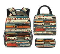 ewndhtse Set di zaino per la scuola con borsa per il pranzo e astuccio, set da 3 pezzi, zaino da viaggio, zaino casual per adolescenti, ragazze, ragazzi, primaria, junior, media, fila di treni sulla