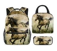 ewndhtse Set di zaino per la scuola con borsa per il pranzo e astuccio, set da 3 pezzi, zaino da viaggio, zaino casual per adolescenti, ragazze, ragazzi, primaria, junior, medio, cavallo al galoppo