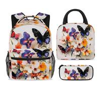 ewndhtse Set di zaino per la scuola con borsa per il pranzo e astuccio, set da 3 pezzi, zaino da viaggio, zaino casual per adolescenti, ragazze, ragazzi, primaria, media, mattina gloria e farfalla