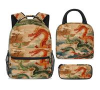 ewndhtse Set di zaino per la scuola con borsa per il pranzo e astuccio, set da 3 pezzi, zaino da viaggio, zaino casual per adolescenti, ragazze, ragazzi, primaria, junior, medio, draghi rossi e verdi