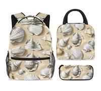 ewndhtse Set di zaino per la scuola con borsa per il pranzo e astuccio, set da 3 pezzi, zaino da viaggio, zaino casual per adolescenti, ragazze, ragazzi, primaria, junior, medio, conchiglie sulla