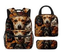 ewndhtse Set di zaino per la scuola con borsa per il pranzo e astuccio, set da 3 pezzi, zaino da viaggio, zaino casual per adolescenti, ragazze, ragazzi, primaria, junior, medio, gatti e cani felici