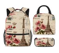 ewndhtse Set di zaino per la scuola con borsa per il pranzo e astuccio, set da 3 pezzi, zaino da viaggio, zaino casual per adolescenti, ragazze, ragazzi, primaria, junior, media, cartolina vintage