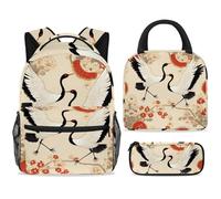 ewndhtse Set di zaino per la scuola con borsa per il pranzo e astuccio, set da 3 pezzi, zaino da viaggio, zaino casual per adolescenti, ragazze, ragazzi, primaria, junior, media, due gru su rami di