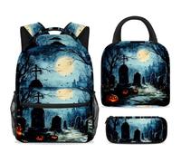 ewndhtse Set di zaino per la scuola con borsa per il pranzo e astuccio, set da 3 pezzi, zaino da viaggio, zaino casual per adolescenti, ragazze, ragazzi, primaria, junior, media, tomba, zucca, luna