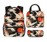 ewndhtse Set di zaino per la scuola con borsa per il pranzo e astuccio, set da 3 pezzi, zaino da viaggio, zaino casual per adolescenti, ragazze, ragazzi, primaria, junior, medio, gru, rosso, nuvole