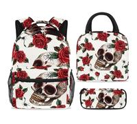 ewndhtse Set di zaino per la scuola con borsa per il pranzo e astuccio, set da 3 pezzi, zaino da viaggio, zaino casual per adolescenti, ragazze, ragazzi, primaria, junior, medio, teschio di zucchero