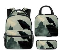 ewndhtse Set di zaino per la scuola con borsa per il pranzo e astuccio, set da 3 pezzi, zaino da viaggio, zaino casual per adolescenti, ragazze, ragazzi, primaria, junior, medio, corvo su ceppo