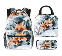ewndhtse Set di zaino per la scuola con borsa per il pranzo e astuccio, set da 3 pezzi, zaino da viaggio, zaino casual per adolescenti, ragazze, ragazzi, primaria, junior, media, due volpi che si