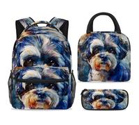 ewndhtse Set di zaino per la scuola con borsa per il pranzo e astuccio, set da 3 pezzi, zaino da viaggio, zaino casual per adolescenti, ragazze, ragazzi, primaria, junior, medio, acquerello Shih Tzu